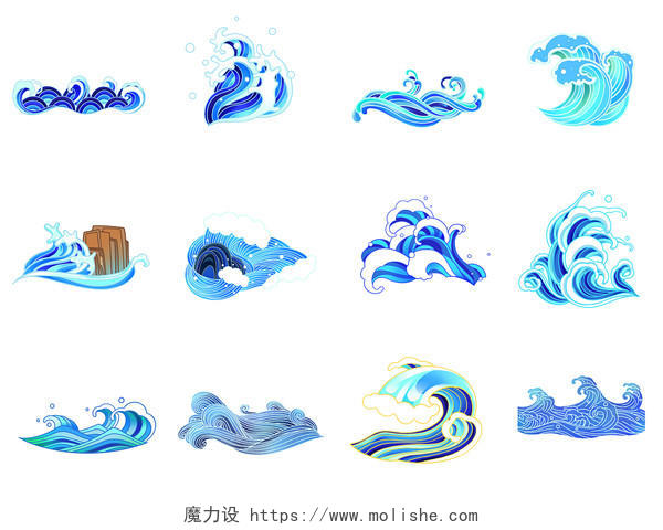 手绘蓝色国风海浪波浪浪花组图元素世界海洋日